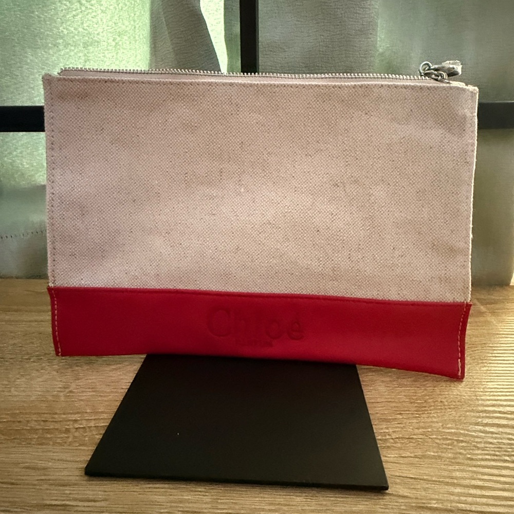 Chloé Canvas and Red Leather Pouch